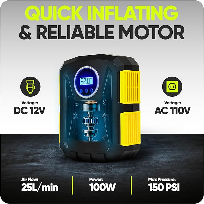 FORTEM Tire Inflator Portable Air Compressor, Air Pump for Car Tires and Bikes, Car Tire Pump w/Auto Shut Off, 150 PSI, 110V AC 12V DC, LED Light, Carrying Case, for Men, Women