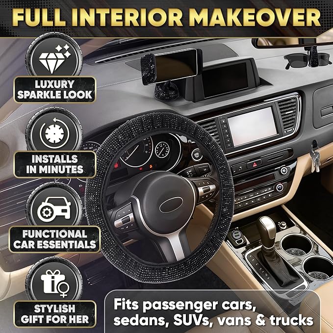 Black Bling Car Accessories Set - 27 Pieces Car Interior Kit with Rhinestone Steering Wheel Cover, Diamond License Plate Frame, Phone Holder, Coaster & Hook, Great Gift for Drivers