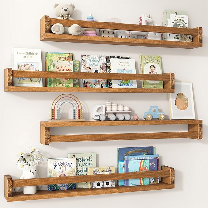 Fun Memories Nursery Book Shelves Set of 4, 32 Inch Solid Wood Wall Book Shelves, Kids Room Floating Shelves Organizer & Toy 