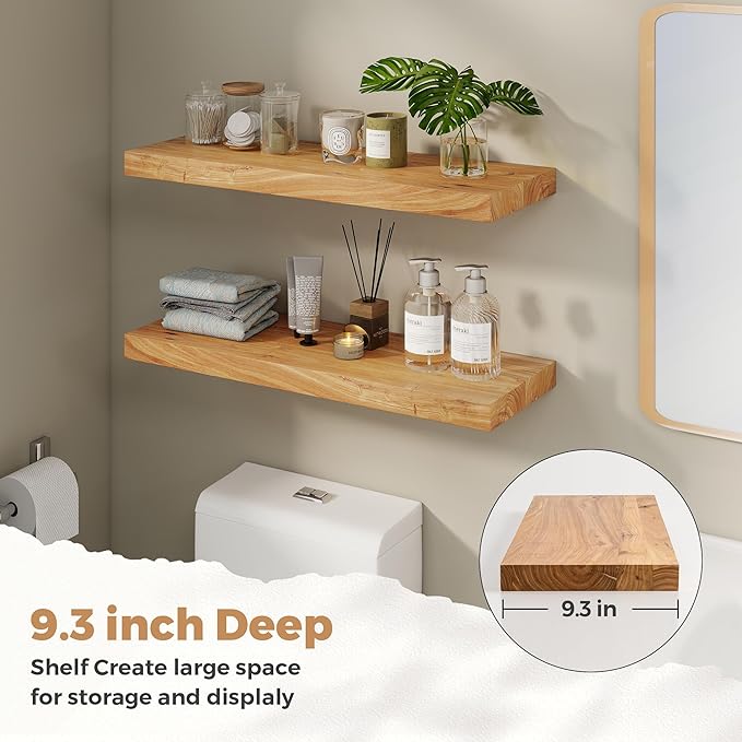 RICHFOCUS Elm Floating Shelves for Wall - 30" W x 9.3" D Rustic Solid Wood Shelves with Invisible Bracket, Wall-Mounted for L