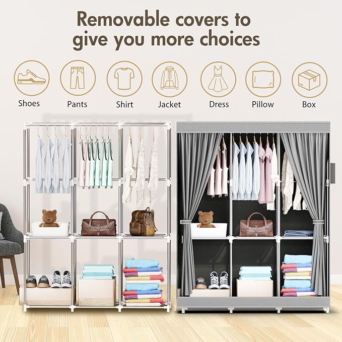 ALSO GO Portable Closet, Storage Organizer Wardrobe with Non-Woven Fabric Cover, with 3 Hanging Rods, 6 Storage Shelves and S