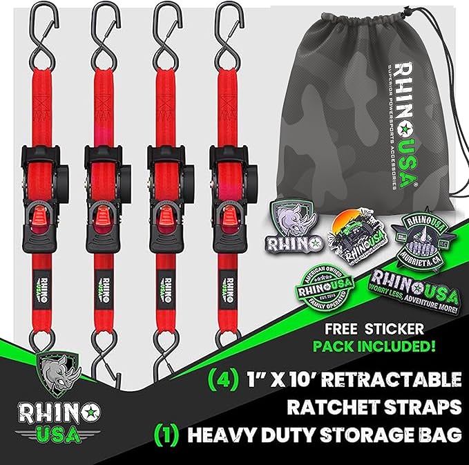 Rhino USA Retractable Ratchet Straps (4-Pack) - 1 Inch x 10 Feet (1,209lb Break Strength) - Auto Self Retracting Tie Down Straps for Truck, Cargo Trailer, Motorcycle, ATV, UTV - Red