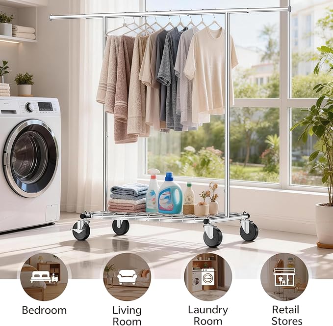 Heavy Duty Clothes Rack - Load 500 LBS, Rolling Clothing Rack for Hanging Clothes with Lockable Wheels & Shelves, Extendable 