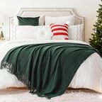 BATTILO HOME Christmas Décor Green Throw Blanket with Fringe, Geometric Bed Throws Dark Green Throws Decorative Throw Blanket