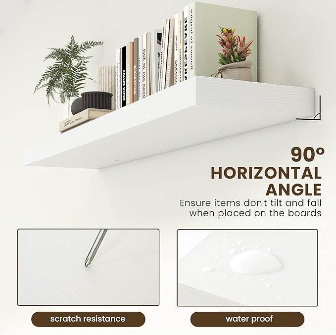 12 Inch Deep Floating Shelves | 55 Inch White Floating Shelves | 55" W x 12" D Rustic Wood Shelves for Wall | Deep White Shel
