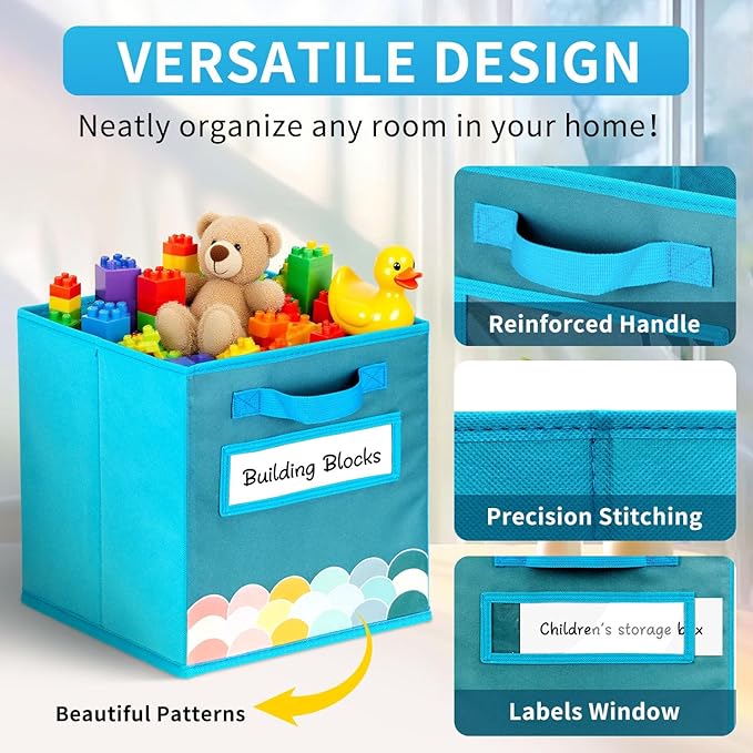 Cube Storage Bins, 3 Pack 11 Inch Fabric Storage Bins with Handle and Label Window, Foldable Storage Cubes, Colorful Fabric B