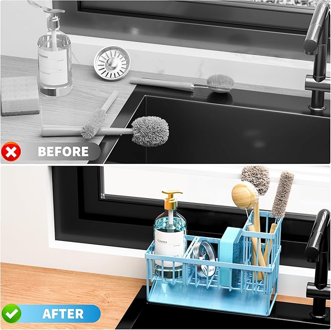 Cisily Blue Kitchen Sink Caddy Organzier with High Brush Holder, Sponge Holder for Sink, 304 Rustproof Stainless, Kitchen Cou