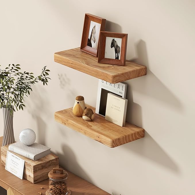 Fun Memories Floating Shelves for Wall, Rustic Wood Floating Shelf for Home Decor, Solid Elm Wood Wall Shelf Heavy-Duty Brack