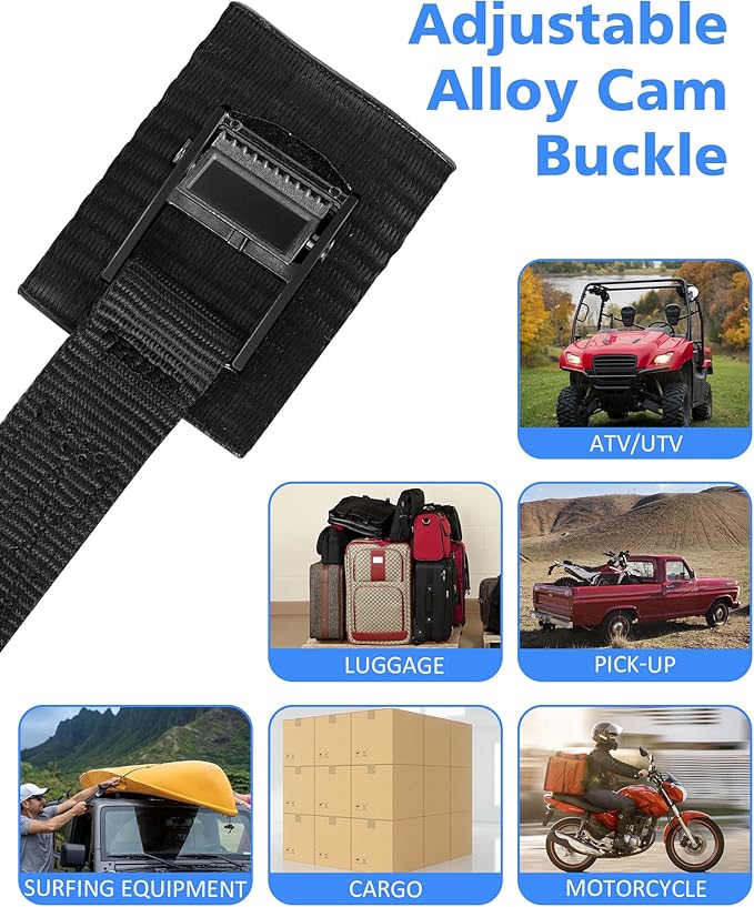 Upgraded 1'' x 8' Tie Down Straps, Cargo Roof Rack Strap Cam Buckle with Hooks, Heavy Duty Secure Strap, Black - Pack of 2