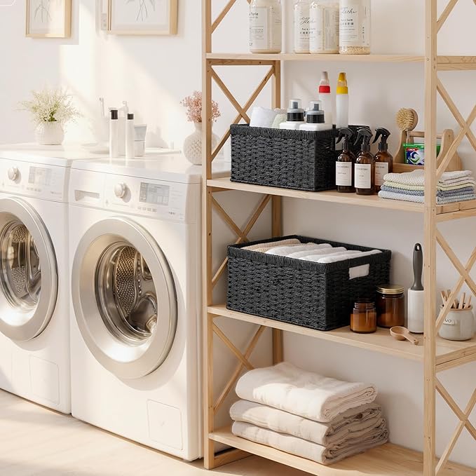 StorageWorks Wicker Storage Baskets for Organizing, Wicker Basket with Handles, Decorative Storage Baskets for Shelves, Black