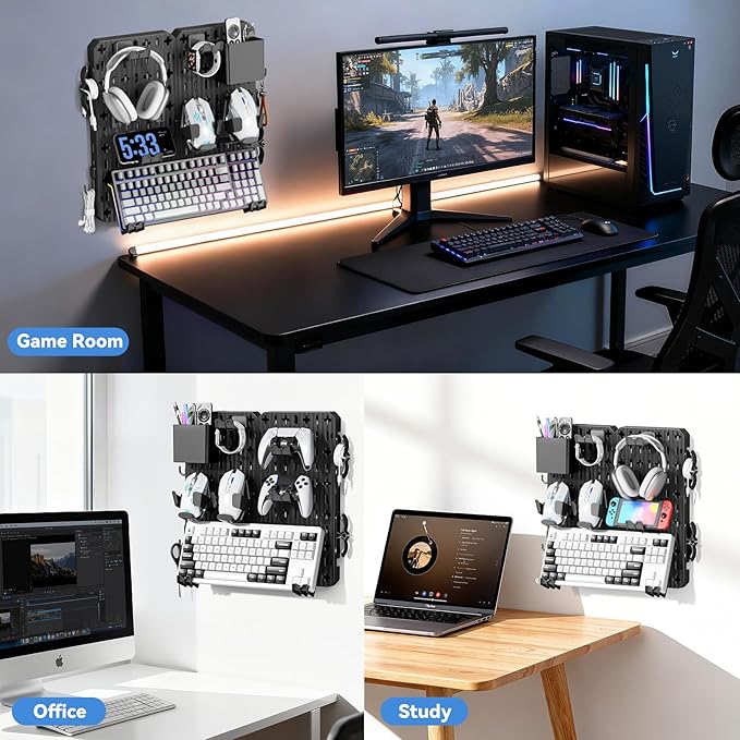 KDD Keyboard and Mouse Display Stand Holder, Wall Mount Office Organization Pegboard Combination Kit with Pen holder, Hooks, 