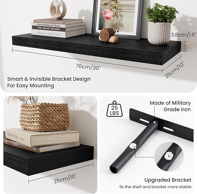 Fun Memories Floating Shelves for Wall, 30 Inch Long Floating Shelves Set of 2, 30 x 10 Wooden Shelves for Wall, Large Storag