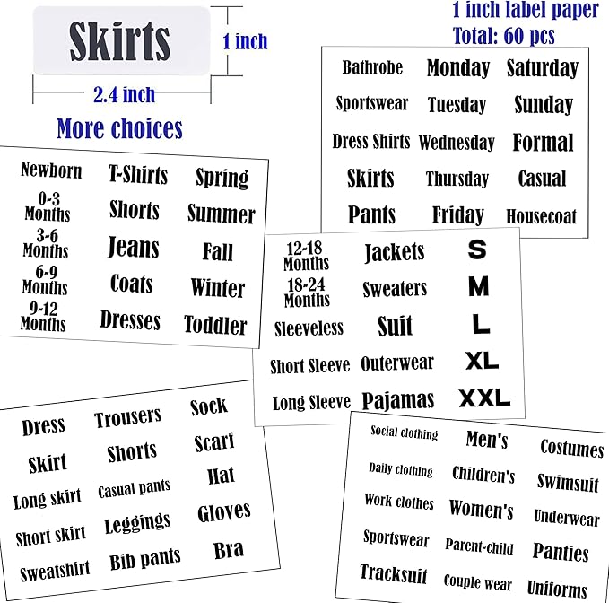32 Pack White Clothing Rack Size Dividers Plus 75 Labels (1 Inch) and 30 Large Blank Labels, Large Rectangular Clothing Close