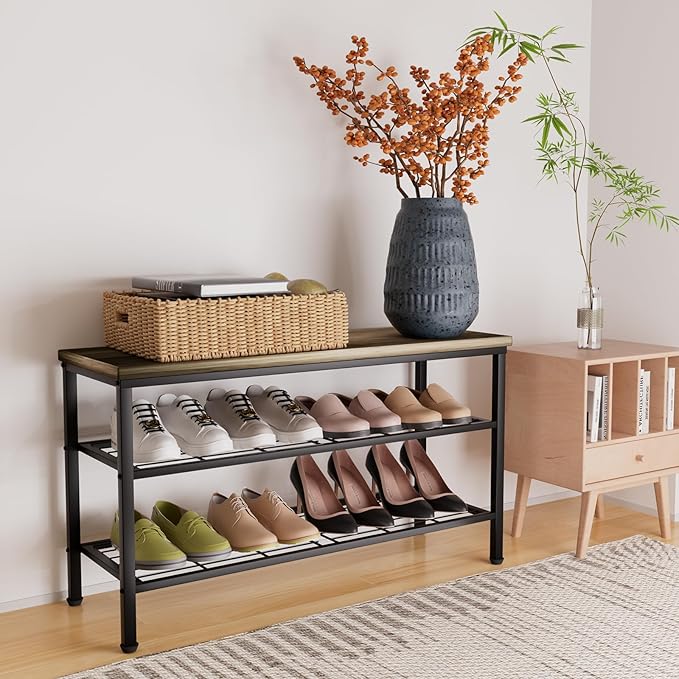 3-Tier Metal Shoe Rack with Wood Top - Durable & Space-Saving Shoe Organizer,Industrial Shoe Organizer Shelf Bench Storagefor
