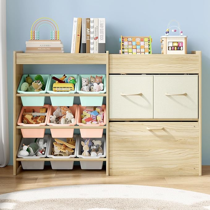 EXPERLAM Toy Storage Organizer for Kids, 9-Bin Toy Organizer with 2-Drawers,Movable Toy Chest and Top Rack, Kids Bookshelf an