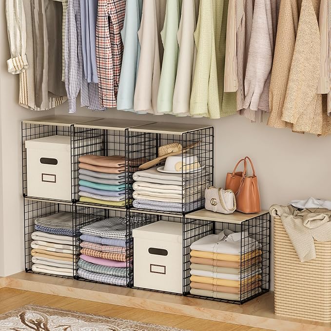 Taller Closet Organizers and Storage with Wood Top, Set of 3 Stackable Wire Storage Bins for Clothes, Bags, Towels, Double St