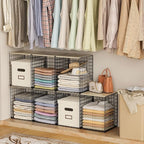 Taller Closet Organizers and Storage with Wood Top, Set of 3 Stackable Wire Storage Bins for Clothes, Bags, Towels, Double St