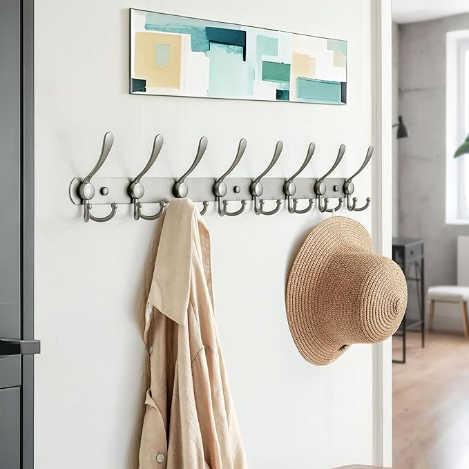 Dseap Coat Rack Wall Mount - 29.5” Long 8-Tri-Hooks Heavy Duty Coat Hanger Rail Wall Hooks for Hanging Coats Hats Clothing Cl