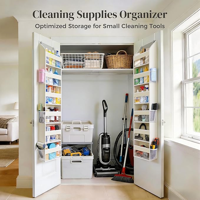 3-Pack Small Over the Door Hanging Organizer, 6 Clear Pockets and 6 Mesh Pockets, 11.8” Wide for Narrow Cabinet Doors, French