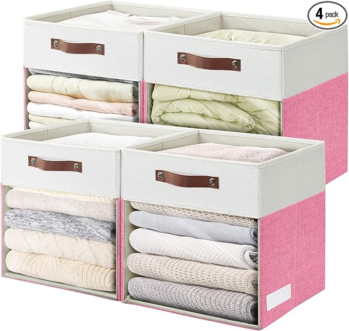 Bagnizer Storage Cubes, 4 Pack Linen Foldable Storage Bins (13 x 13 inch) with Clear Window and Handles, Fabric Organizer for