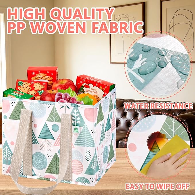 VENO 3 Pack Reusable Grocery Bags, Shopping Bags for Groceries, Tote with Handles and Hard Bottom, Foldable Shopping Cart Organizer, Water Resistant, Heavy-Duty (Pastel Forest, 6 Gallon)
