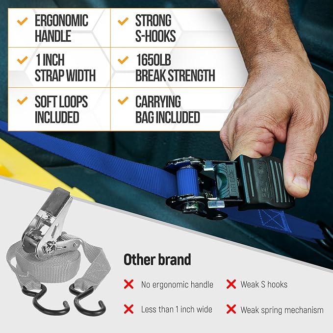 FORTEM Ratchet Straps, Tie Down Strap Set 1650lb Break Strength, 4 Pack 15ft x 1in, 4 Soft Loops, Moving Straps Tie Downs, Cargo Cam Buckles for Trucks, Carry Bag, for Men