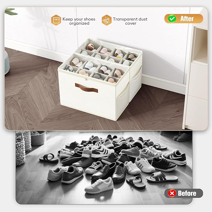 Budding Joy 2 Pack Shoe Organizer for Closet, Clear Foldable Shoe Storage Containers Adjustable Dividers Fits 16 Pairs,Shoe S