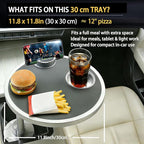 Car Food Tray & Car Table Tray with Car-Grade Aluminum Cup Holder & Phone Stand, Premium Wood with Leather Surface, 360° Rotating Car Desk for Laptop &Eating (Round, Black)