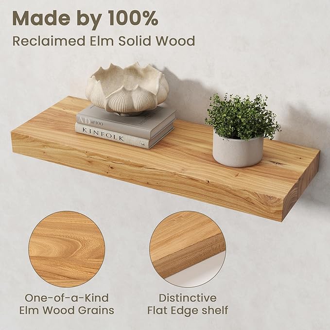 Fun Memories Solid Elm Wood Floating Shelves Set of 2-24 Inch Rustic Wall Shelves with Heavy-Duty Invisible Brackets - for Li
