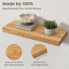 Fun Memories Solid Elm Wood Floating Shelves Set of 2-24 Inch Rustic Wall Shelves with Heavy-Duty Invisible Brackets - for Li