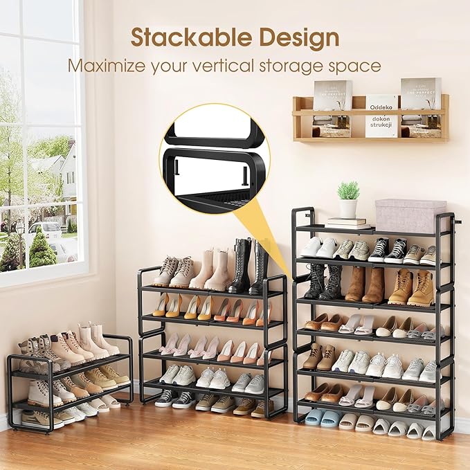 SAYZH Expandable Shoe Rack for Closet, Adjustable Metal Shoe Organizer with Sturdy Mesh Shelves for Boots & Heels, Stackable 
