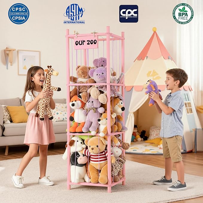 LAMU Stuffed Animal Storage, Wooden Zoo Stuffed Animal Holder with Elastic Cords, Space Save Toy Organizer, Extra Large Capac