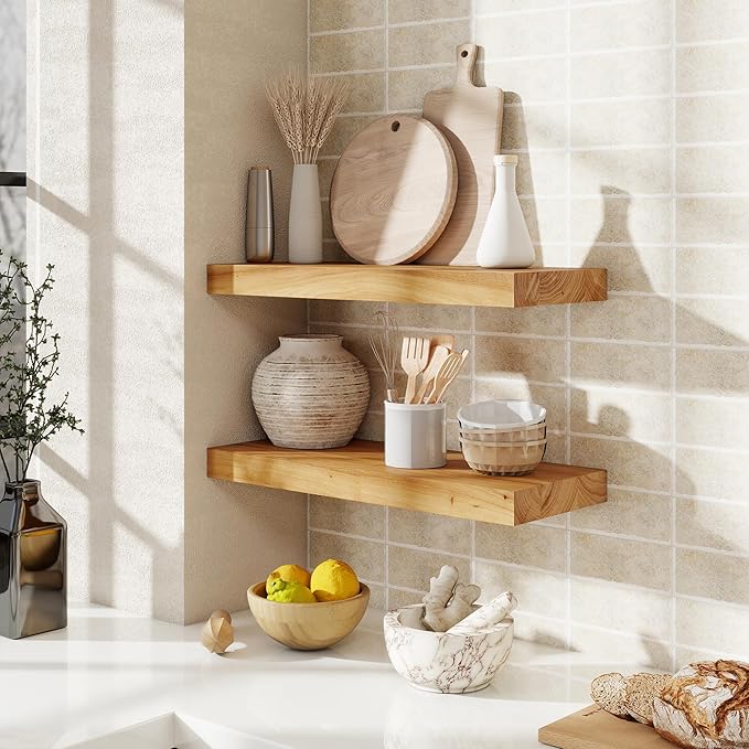 fuqing Floating Shelves for Wall, 20 inch Rustic Solid Elm Wood Floating Shelves, Wooden Wall Shelves with Invisible Heavy Du