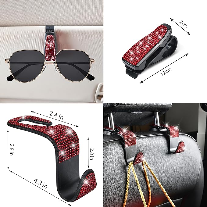 CAR PASS 11 PCS Bling Red Steering Wheel Cover Set for Women, Sparkly Rhinestone Diamond Bling Seat Belt Cushion, Glitter Shi