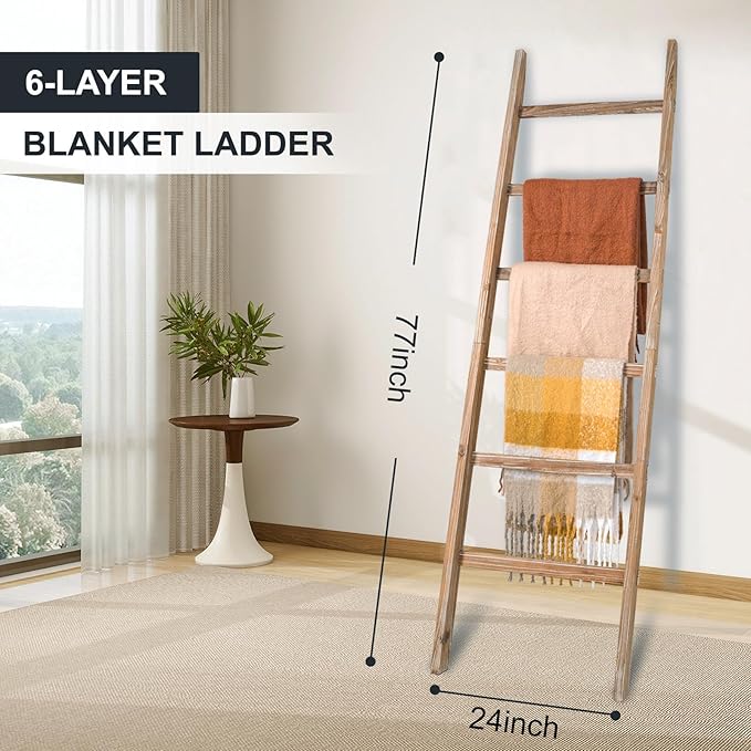 Blanket Ladder 6.4FT, Wooden Blanket Ladders for The Living Room, 6-Layer Farmhouse Rustic Towel Rack for Living Room Bathroo