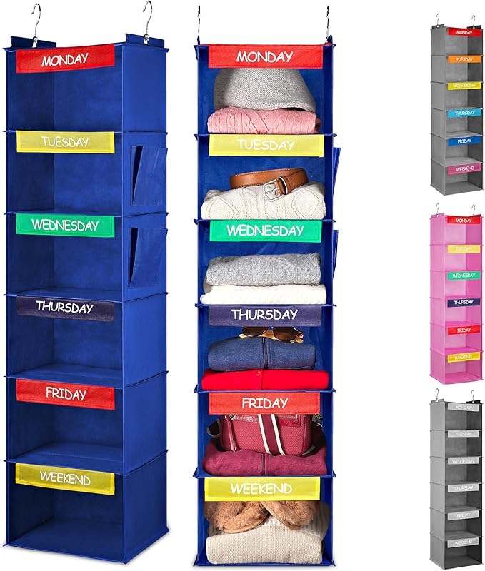 Handy Laundry Hanging Clothes Organizer for Kids - 6-Shelf Closet Daily Clothing Organization Labeled Shelves with Days of Th