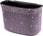 Bling Crystal Auto Trash Can, 100% Leak Proof Car Trash Bin with Storage Pockets, Hanging for Backside/Gearshift/Center Console, Pink