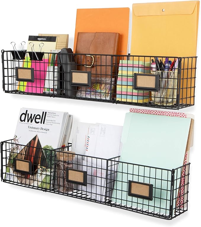 Wall35 Amalfi Hanging File Folders Office Desk Organizer Wall Mount Wire Basket Storage Magazine Holder 3 Sectional Set of 2 