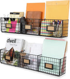 Wall35 Amalfi Hanging File Folders Office Desk Organizer Wall Mount Wire Basket Storage Magazine Holder 3 Sectional Set of 2 