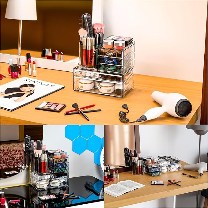 Clear Acrylic Makeup Organizers for Vanity,Countertop,3 Pack Make up Drawer Organizer With Makeup Brush Holder,Plastic Skinca