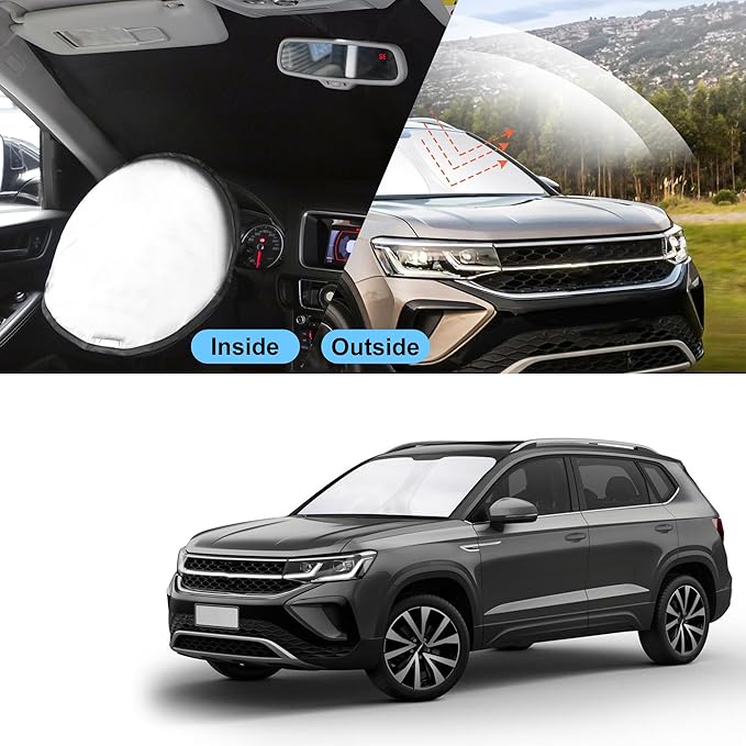 TINGLU Sun Shade for Volkswagen VW Taos 2022 2023 2024 2025 2026 Accessories Windshield Sun Shade Window Shade UV Rays Protection Sun Visor Cover with Steering Wheel Sunshade Storage Bag