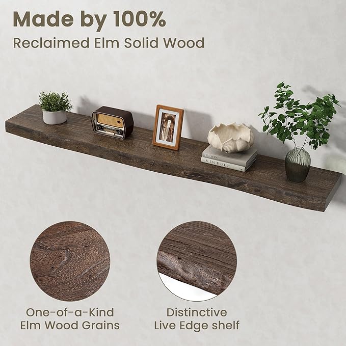 Fun Memories Floating Shelves for Wall Decor Set of 1-55 Inch Solid Elm Wood Live Edge - Rustic Walnut Wall Shelves with Invi