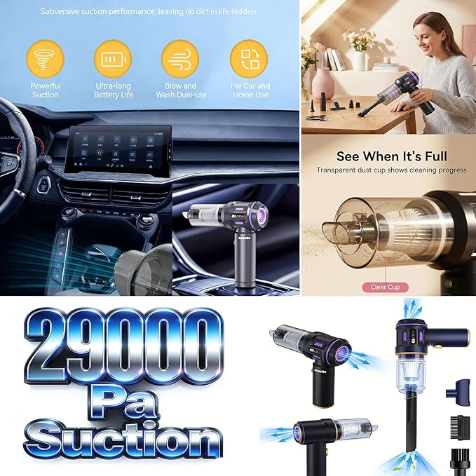 Airpollo® Car Vacuum Portable Cordless Handheld Cleaner Aspiradora para Carro, 4 in 1 with LED Screen V2 Portable 29000 Pa Su