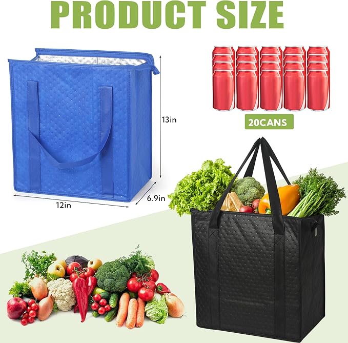 20 Pcs Insulated Shopping Bags for Groceries with Zipper & Handles, Large Foldable Cooler Bags for Hot & Cold Food