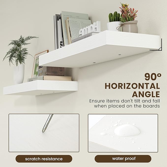 Deep Floating Shelves | 36 Inch White Floating Shelves Set of 2 | 12 Inch Deep Rustic Wood Shelves for Wall | 36" W x 12" D W