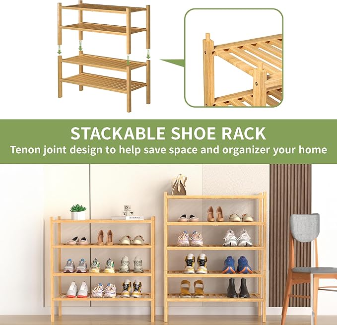ROMGUAR CRAFT 4 Tier (Thick) Bamboo Shoe Rack for Closet Free Standing Wood Shoe Shelf for Entryway Small Space Stackable 27"