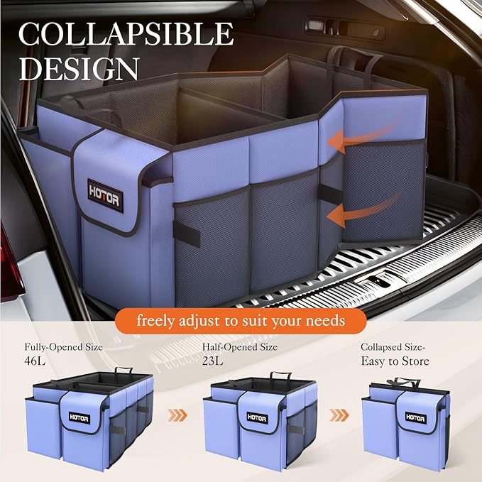 HOTOR Large-Capacity Trunk Organizer - Foldable for SUVs & Sedans, Sturdy Organization for Car Accessories, Tools, Sundries,