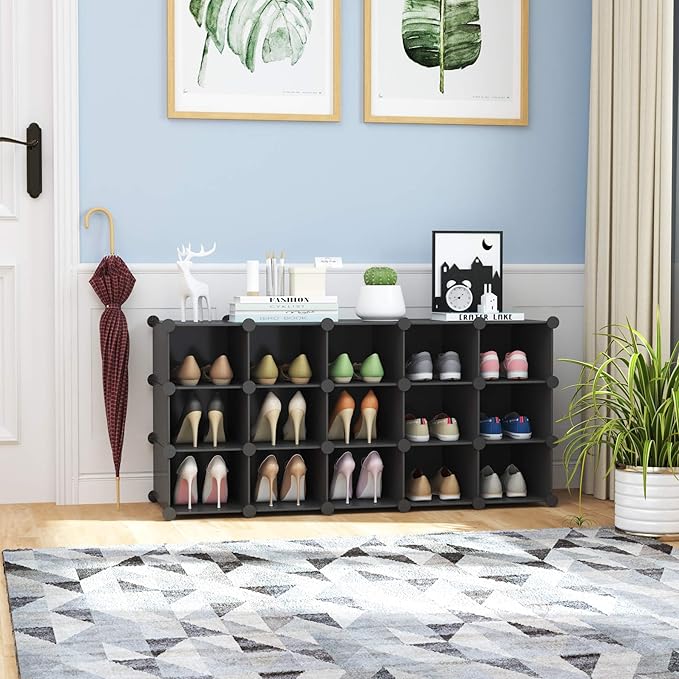 C&AHOME Plastic Shoe Rack,16-Cube Modular Shoes Storage Stand, Multifunction Closet Cabinet, Stackable Shoe Organizer Units f