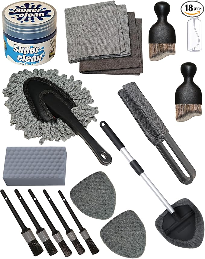 18Pcs Professional Car Interior Detailing Kit All-in-One Cleaning Tools for Windows, Dashboard, Vents, Windshield Cleaner Bru