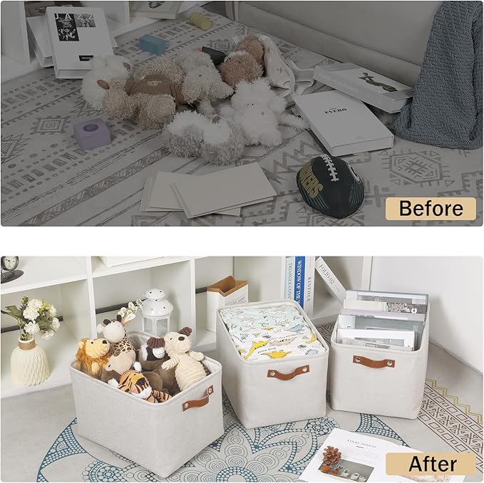 HNZIGE Large Fabric Storage Basket Organizers (3 PCS), Foldable Decorative Shelf Baskets with Leather Handles (Cream, 15" x 1